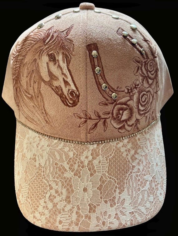 Hand-Burned soft pink Vegan Suede Ball Cap, horse, horseshoe, roses white lace Brim, Rhinestones, silverrivets