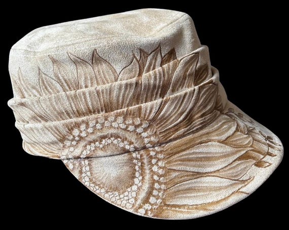 Hand-Burned sunflower, tan newsboy style cap, Vegan Suede, one size fits most