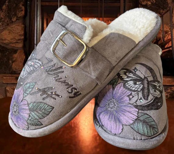 Hand-Burned and painted Floral, Moth & moon Slippers, Whimsy AF, Women's Size 9/10