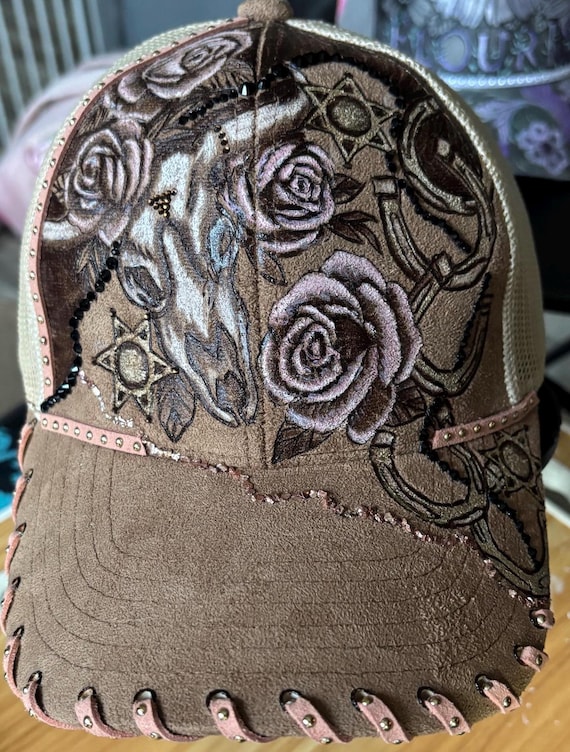 Hand-Burned Vegan Suede light brown Cap with rose gold accents, lacing, Western bull skull, horseshoes and roses. Cowgirl Style