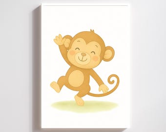 Väggkonst för barnrum med apa – utskrivbar dekoration i djungelsafari för babyrum, direkt nedladdning, unisex babyshower-present till nyblivna föräldrar