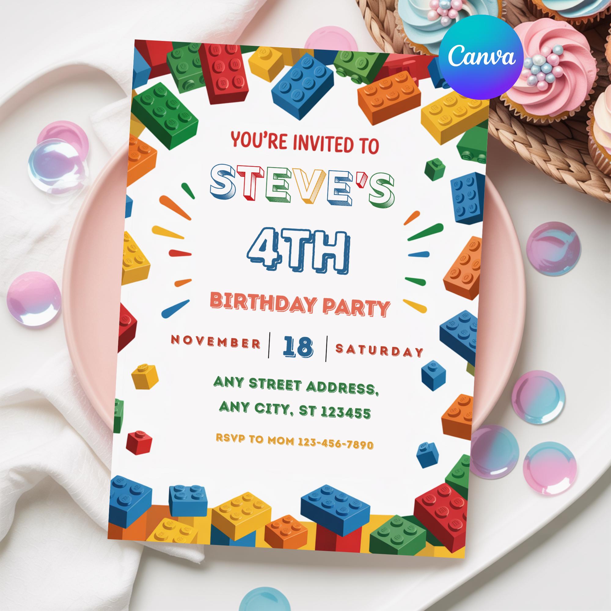 Invitation Block Design Building Block Party Editable Invitations, Bricks Birthday Printable ...