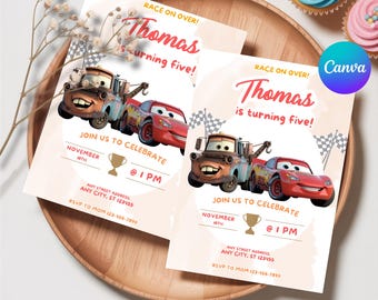 Cars Birthday Party Invitation, Lightning Mcqueen Birthday, Cars Party Invite, Second Birthday Party Invitation, Two Fast, 2, Tow Mater Cars