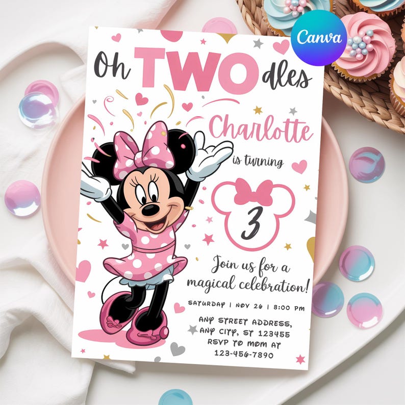 May include: A pink and white birthday invitation featuring Minnie Mouse. The invitation reads "Oh Two-dles Charlotte is turning 3!" with event details. The design includes hearts, stars, and confetti.