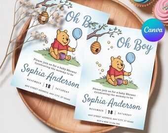 Editable Winnie The Pooh Baby Shower Invitation, Winnie Pooh Invitation, Oh Boy Pooh Invite, Blue Printable Template Instant Download