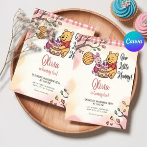 Editable Winnie the Pooh Birthday Invitation, Winnie Pooh Invitation, Girl Birthday Digital File, Winnie Template Instant Download