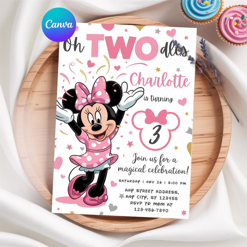 May include: A pink and white birthday invitation featuring Minnie Mouse. The invitation reads "Oh TWO dles" and "Charlotte is turning 3." Additional text includes party details and RSVP information. Decorative hearts and stars are scattered around the design.