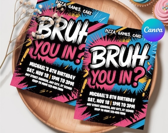 Editable Bruh Birthday Invitation, Neon Graffiti Theme Any Age Digital Template, Printable Gamer Boy Bday Party Evite, Editable with Canva