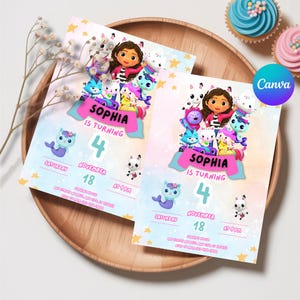Gabbys Dollhouse Birthday Invitation, Editable Gabby&#39;s Kids Birthday Invite, Pandy Template Editable Printable, Invite Instant Download