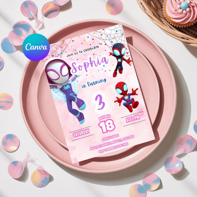 May include: A pink birthday invitation with Spider-Man characters, the name "Sophia", and the number "3". The invitation includes the date, time, and location details. The invitation is on a pink plate with confetti and a cupcake in the background.
