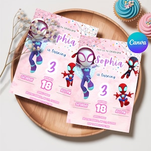 May include: Two pink birthday invitations with Spider-Gwen and Spider-Man graphics. The invitations read "Join us to Celebrate Sophia is turning 3" with the date, time, and RSVP information. The invitations are on a wooden tray.