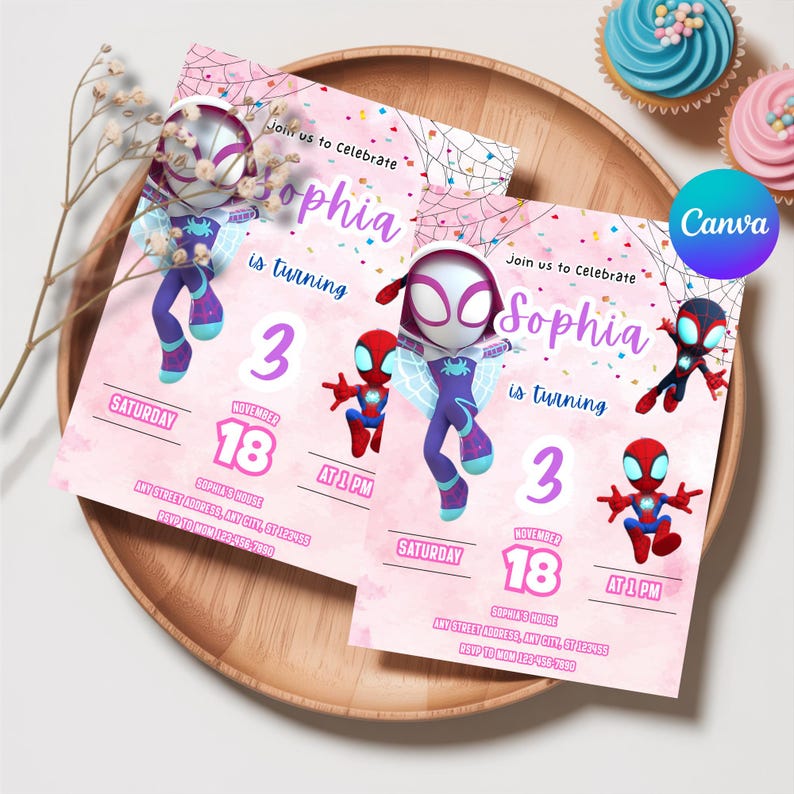 May include: Two pink birthday invitations with Spider-Gwen and Spider-Man graphics. The invitations read "Join us to Celebrate Sophia is turning 3" with the date, time, and RSVP information. The invitations are on a wooden tray.