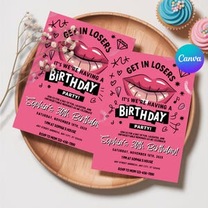 Invitación de cumpleaños inspirada en Chicas Pesadas, Fiesta de Noche de Chicas Pesadas, Invitación rosa de Chicas Pesadas para Noche de Chicas, Plantilla editable de Canva