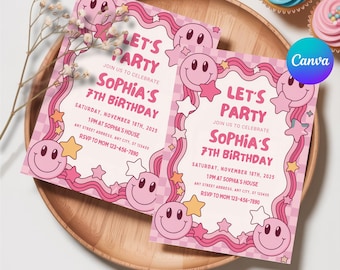 Retro Smiley Birthday Invitation, Editable Preppy Pink Party Invite, Wavy Checkered Tween Girl Birthday Text Invite, Instant Download