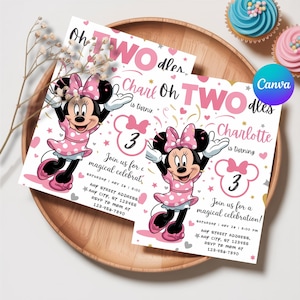 Editable Oh TWOdles Birthday Invitation Digital 2nd Birthday Cute Mouse Second Birthday Invite Oh Twodles Invitation Boho Minnie Invite