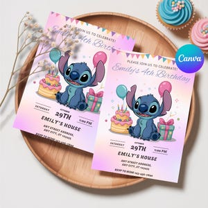 Faire-part d'anniversaire modifiable personnalisé, invitation d'anniversaire Lilo et Stitch, modèle de fête imprimable Stitch, anniversaire fille Stitch sur toile