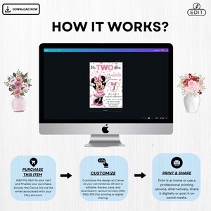 May include: A digital invitation design for a second birthday, featuring Minnie Mouse. The design is displayed on a computer screen, with instructions on how to purchase, customize, and print the invitation. The text reads "Oh TWOdles" and "Charlotte is turning 3".