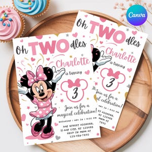 May include: Two birthday party invitations featuring Minnie Mouse. The invitations are white with pink text and accents, including the words "Oh TWO dles" and "Charlotte is turning 3." The invitations also include event details.