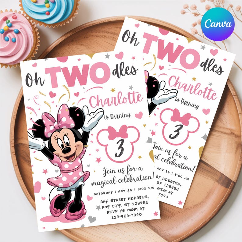 May include: Two birthday party invitations featuring Minnie Mouse. The invitations are white with pink text and accents, including the words "Oh TWO dles" and "Charlotte is turning 3." The invitations also include event details.