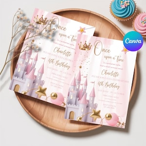 Princess 1st Birthday Party Invitations, One-ce Upon a Time First Birthday Invitation, Pink Girl First Birthday Editable Invitation