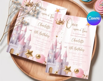 Princess 1st Birthday Party Invitations, One-ce Upon a Time First Birthday Invitation, Pink Girl First Birthday Editable Invitation