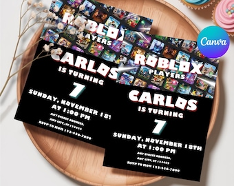Roblox Invitation, Roblox Invite, Game Party, Roblox Boys Birthday Invitation Template, Game Birthday, Kids Roblox, Editable Template, Canva