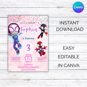 May include: A pink birthday party invitation featuring Spider-Man characters and the text "Sophia is turning 3." The invitation includes the date, time, and location details. The words "Instant Download," "Easy," and "Editable in Canva" are also displayed.