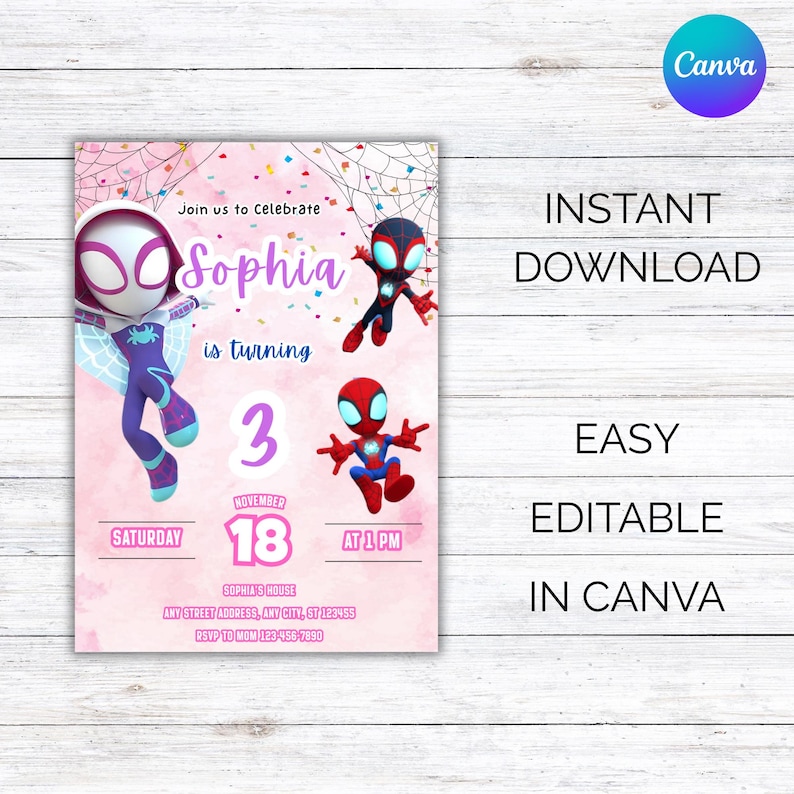 May include: A pink birthday party invitation featuring Spider-Man characters and the text "Sophia is turning 3." The invitation includes the date, time, and location details. The words "Instant Download," "Easy," and "Editable in Canva" are also displayed.