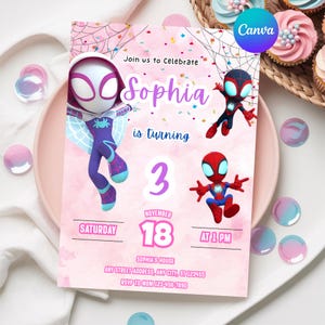 May include: A pink birthday invitation featuring Spider-Man characters. The invitation reads "Join us to Celebrate Sophia is turning 3" with the date "November 18" and time "1 PM". The design includes confetti and a spiderweb.