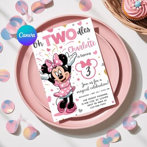 May include: A pink and white invitation card for a third birthday party, featuring Minnie Mouse. The card is on a pink plate, surrounded by confetti and a cupcake. Text includes "Oh TWO dles", "Charlotte is turning 3", and party details.