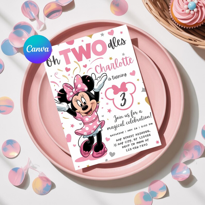May include: A pink and white invitation card for a third birthday party, featuring Minnie Mouse. The card is on a pink plate, surrounded by confetti and a cupcake. Text includes "Oh TWO dles", "Charlotte is turning 3", and party details.