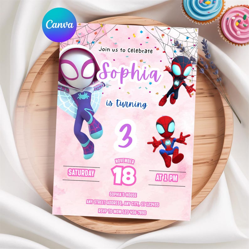 May include: A pink invitation card with Spider-Man characters and the text "Join us to Celebrate Sophia is turning 3". The card includes the date, time, and RSVP information. The design features a web and confetti.