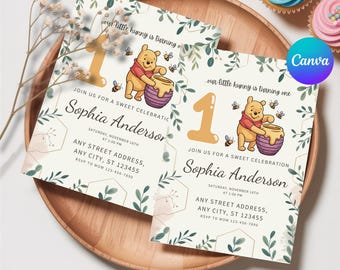 Winnie the Pooh 1st Birthday Invitation, Classic Pooh Birthday Invite, First Birthday Party Decorations, Pooh Kids Birthday Party