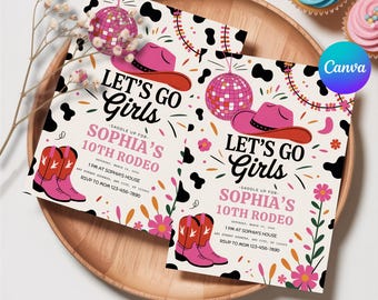 Editable Pink Cowgirl Birthday Party Invitation, Yee Haw Cowgirl Party, Rodeo Birthday, Printable Space Cowgirl Birthday Invitation Template