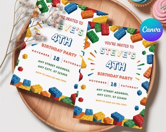 Building Block Party Editable Invitations, Bricks Birthday Printable Invitation, Editable Template Instant Download, Canva Template