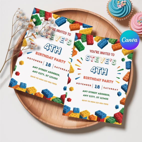 Building Block Party Editable Invitations, Bricks Birthday Printable Invitation, Editable Template Instant Download, Canva Template