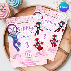 May include: Two pink birthday invitations with Spider-Man theme. The invitations read "Join us to Celebrate Sophia is turning 3" with event details. The invitations are on a wooden tray with cupcakes in the background.