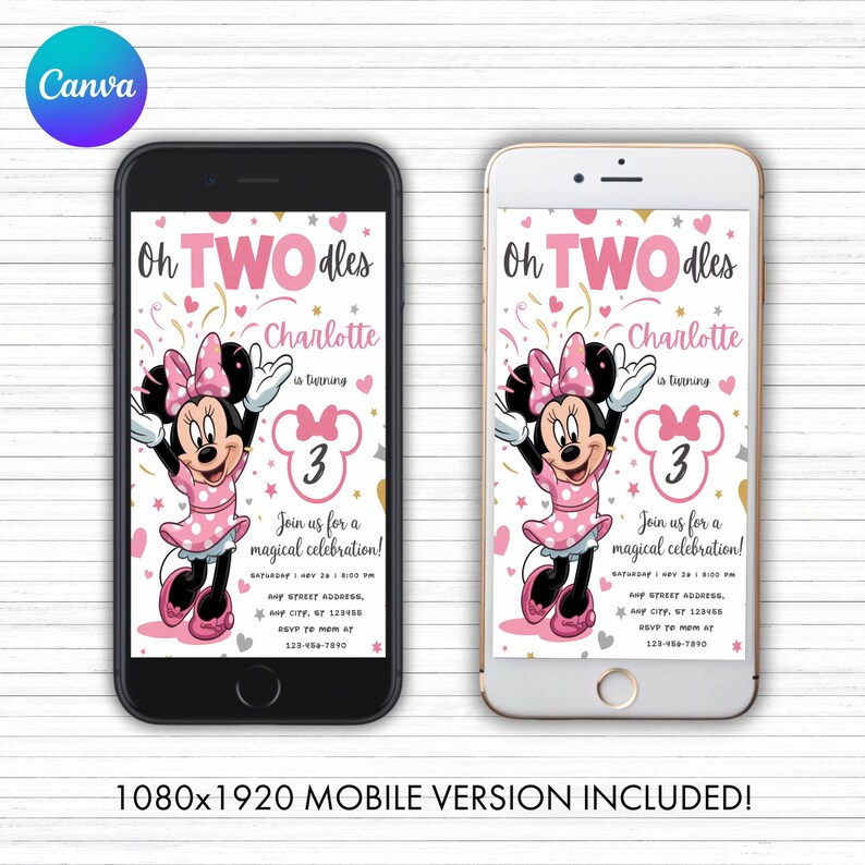 May include: Two smartphones displaying a birthday invitation. The invitation features Minnie Mouse in a pink dress, the text "Oh TWO dles", and the name "Charlotte". The invitation includes the number "3" and party details.