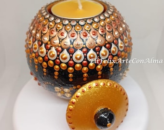 Mandala Teelichthalter | Punkt bemalter Stein | Boho Kerzenhalter | Zen Wohnkultur Geschenk | Pointillismus handgemachte Kunst | Kugelförmiger Stein