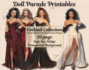 1950s Paper Doll Clipart Bundle – Retro Cocktail Dress PNGs for Scrapbooking, Junk Journals & Printable Crafts