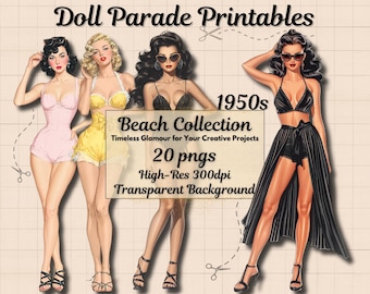 1950s Paper Doll Clipart Bundle – Vintage Retro Pinup Swimsuit Fashion for Scrapbooking, Junk Journals & Printable Crafts