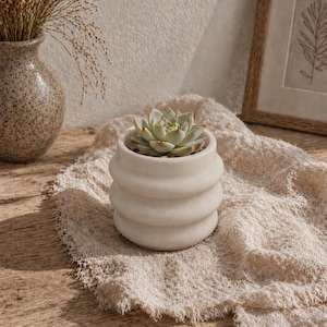 May include: A small, white, ceramic planter with a stacked, rounded design, holding a green succulent plant. The planter sits on a textured, off-white fabric, with a wooden surface in the background. A decorative vase with dried plants is also visible.