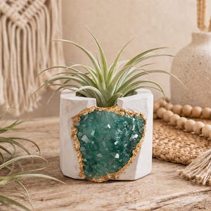 Geode Crystal Air Plant Holder, Handmade Resin Planter with Gold Edge, Boho Decor
