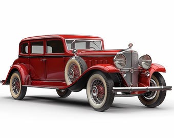 Könnte beinhalten: Ein klassisches rotes Oldtimer-Auto mit Weißwandreifen und Chromakzenten. Das Auto hat ein Reserverad an der Seite und verfügt über einen detaillierten Frontgrill und Scheinwerfer. Die Karosserie des Autos ist tiefrot, und die Räder haben rote Speichen.