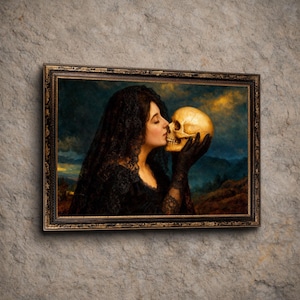 May include: A framed oil painting depicting a person with dark hair wearing a black lace veil and black lace gloves, holding a human skull near their face. The background shows a dark, moody landscape under a stormy, golden-hued sky.