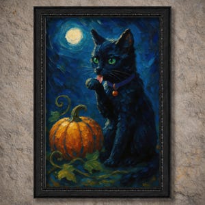 May include: A framed oil painting featuring a black cat with green eyes and a purple collar licking its paw. The cat sits next to an orange pumpkin against a dark blue night sky with a full moon. The artwork has visible brushstrokes throughout.