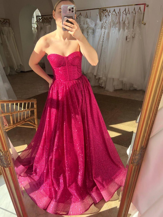 raspberry formal dress Raspberry Pink Long Glitter Prom Dress with Ruffles Raspberry / 00