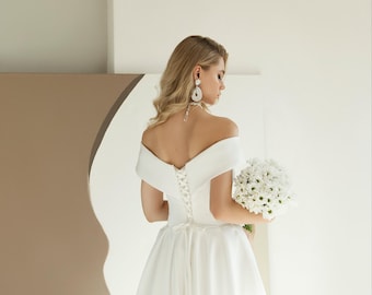 Off Shoulder Satin A-Line Wedding Dress - Modern Bridal Gown