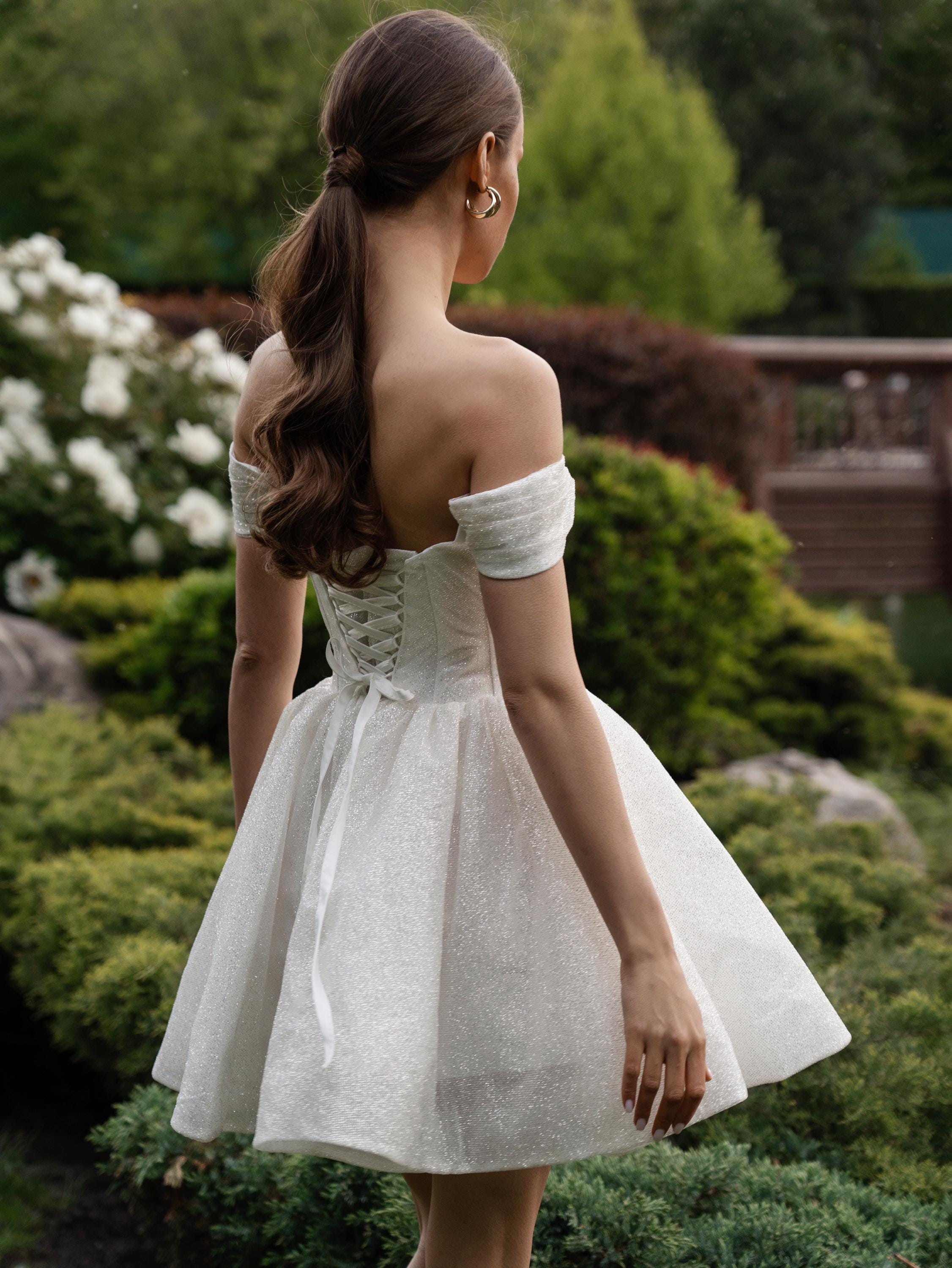 sparkly white corset dress Short Tulle Color Color:cream Mini dress on_msl_june2025 Davids Bridal Bridesmaid Dress