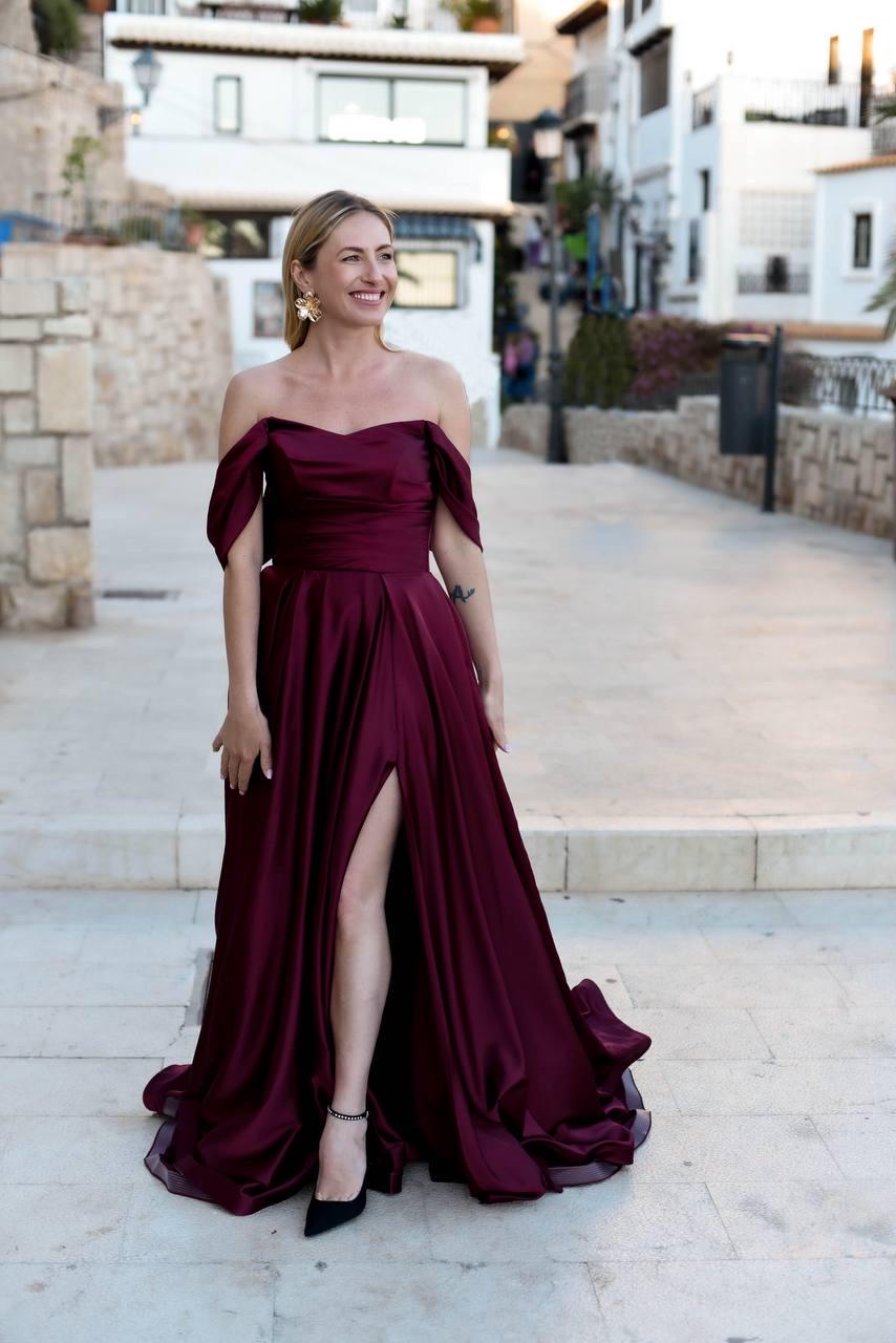 Burgundy Satin off Shoulder Evening Gown, A-line Formal Dress With Slit ...